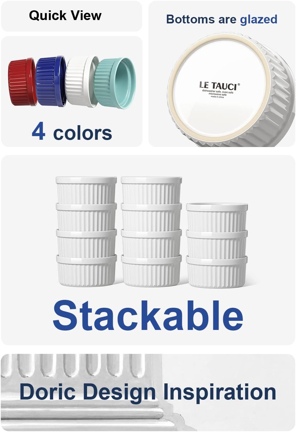 White 8oz 4 Pack LE TAUCI Ramekins 8 OZ Oven Safe, Creme Brulee Ramekins, Pudding Custard Cups Souffle Ramiken, Dipping Sauce Dishes, Ceramic Ramekin Bowls Set of 6, White